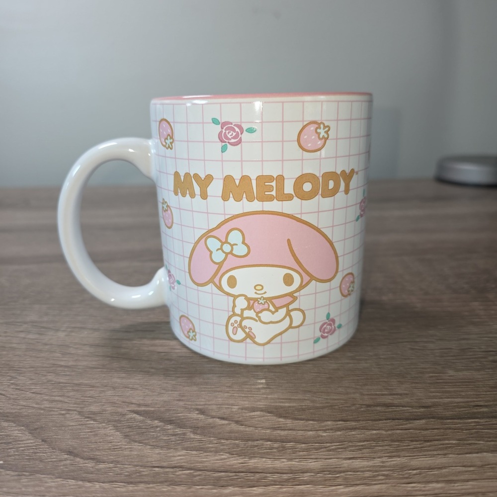 Sanrio My Melody Pink Grid Strawberry Ceramic Coffee Mug Silver Buffalo 2023